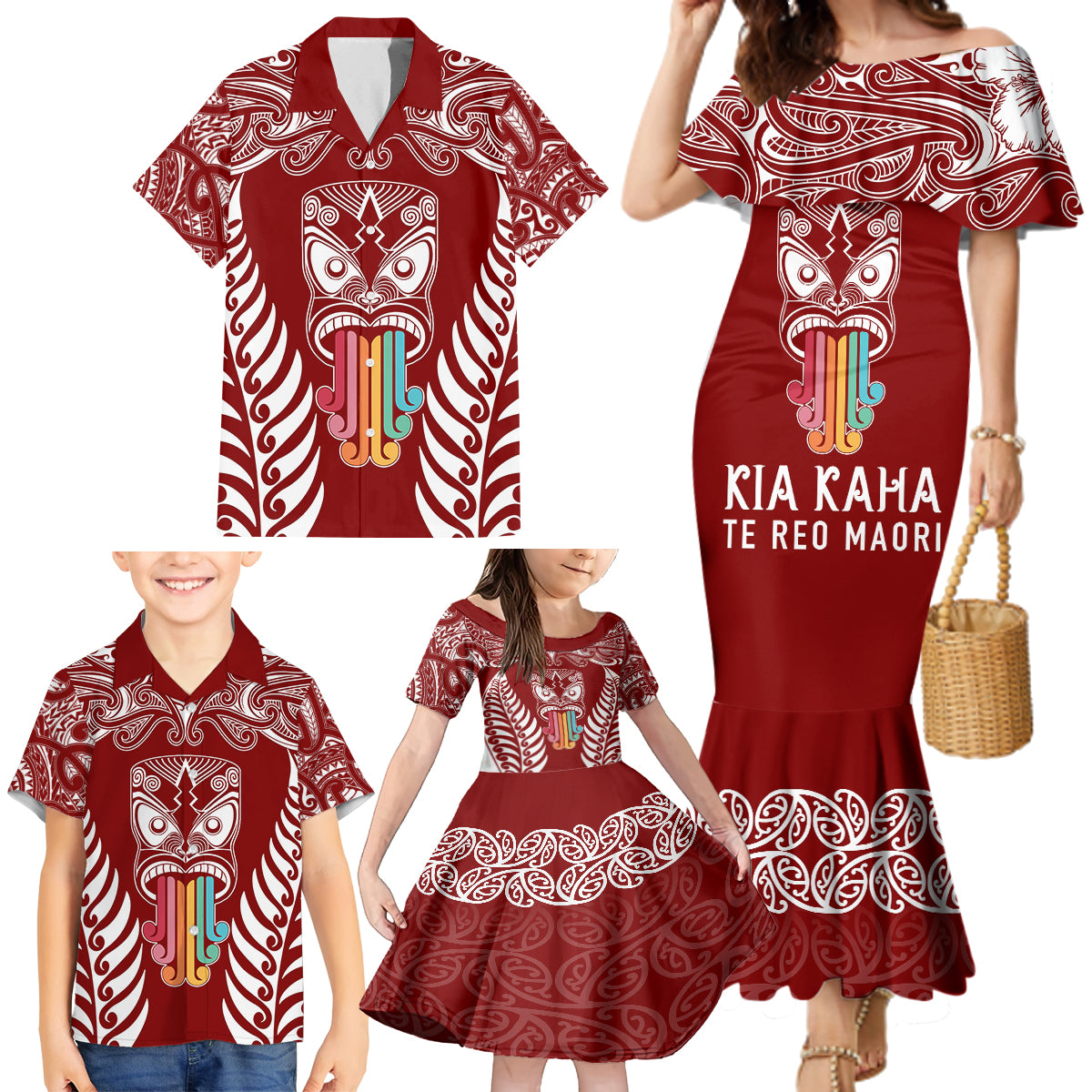 Personalised Kia Kaha Te Reo Maori Family Matching Mermaid Dress and Hawaiian Shirt Hei Tiki Mix Koru - Red LT7 - Polynesian Pride