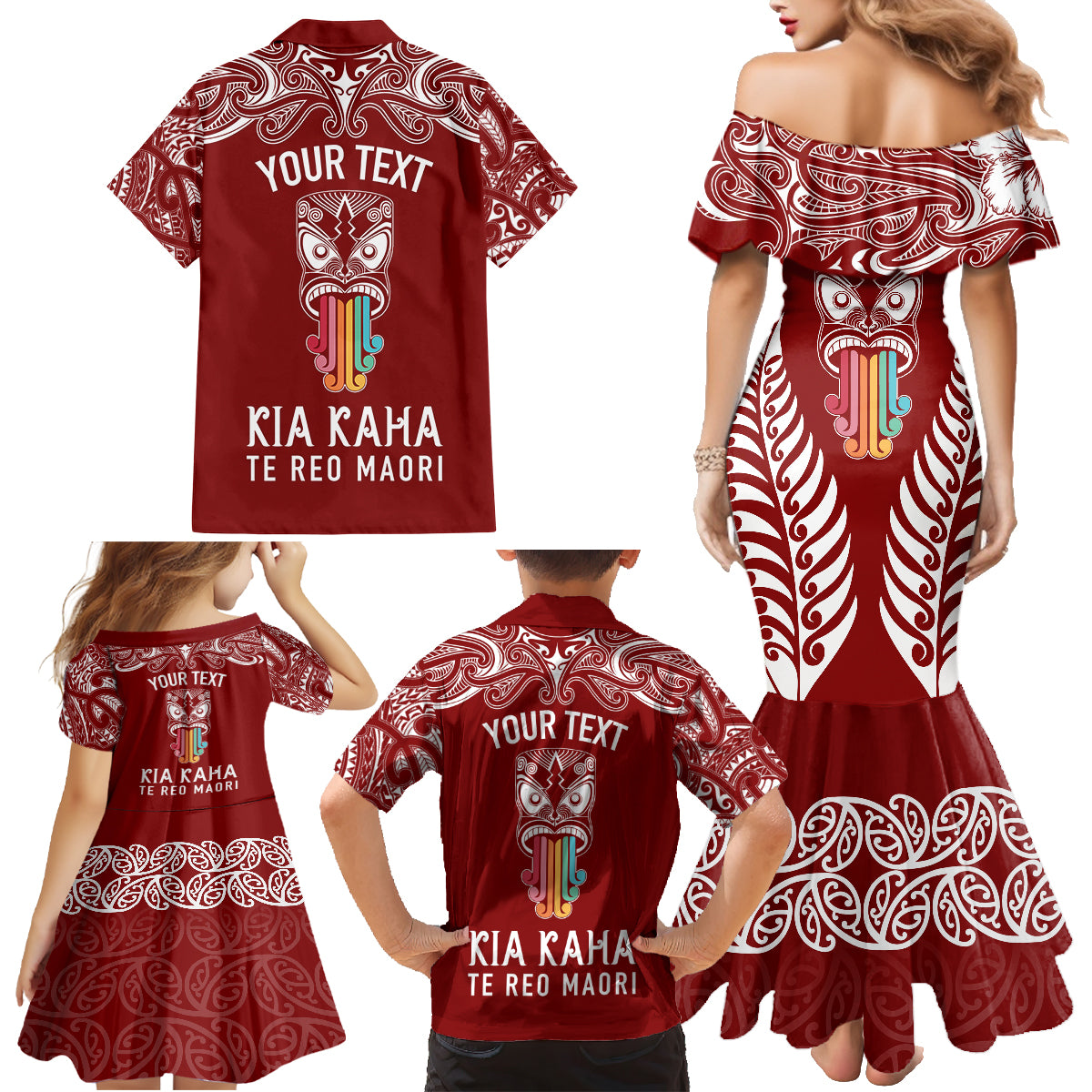 Personalised Kia Kaha Te Reo Maori Family Matching Mermaid Dress and Hawaiian Shirt Hei Tiki Mix Koru - Red LT7 - Polynesian Pride
