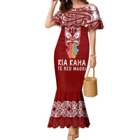 Personalised Kia Kaha Te Reo Maori Family Matching Mermaid Dress and Hawaiian Shirt Hei Tiki Mix Koru - Red LT7 Mom's Dress Red - Polynesian Pride