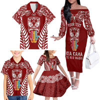 Personalised Kia Kaha Te Reo Maori Family Matching Off Shoulder Long Sleeve Dress and Hawaiian Shirt Hei Tiki Mix Koru - Red LT7 - Polynesian Pride