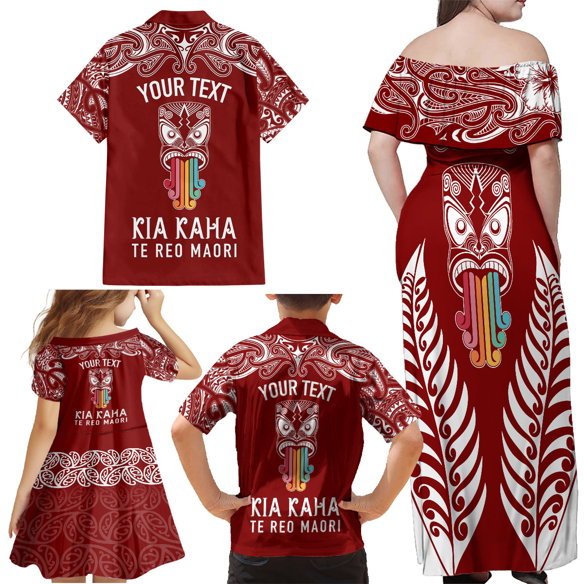 Personalised Kia Kaha Te Reo Maori Family Matching Off Shoulder Long Sleeve Dress and Hawaiian Shirt Hei Tiki Mix Koru - Red LT7 - Polynesian Pride