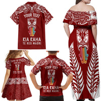 Personalised Kia Kaha Te Reo Maori Family Matching Off Shoulder Long Sleeve Dress and Hawaiian Shirt Hei Tiki Mix Koru - Red LT7 - Polynesian Pride