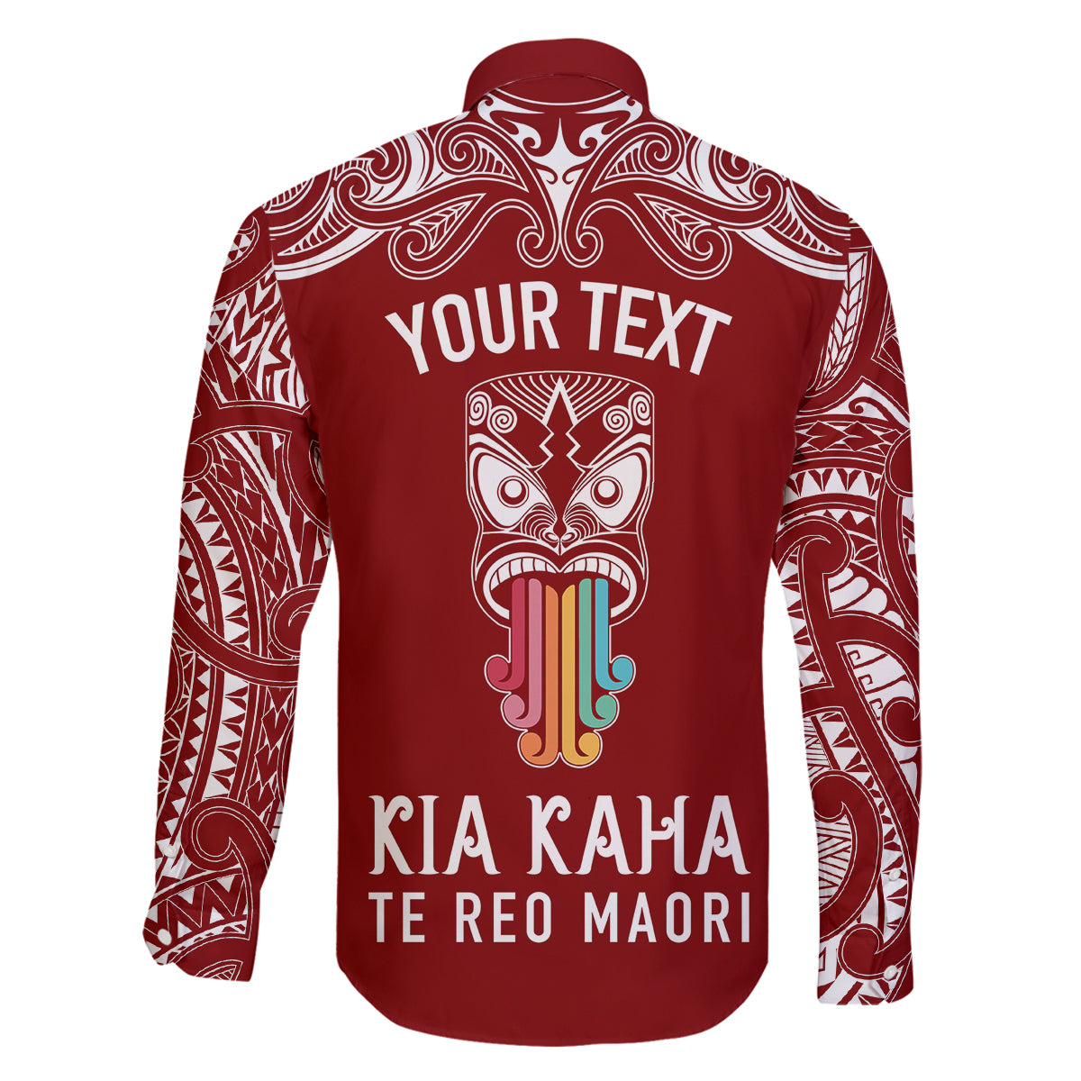 Personalised Kia Kaha Te Reo Maori Family Matching Off Shoulder Long Sleeve Dress and Hawaiian Shirt Hei Tiki Mix Koru - Red LT7 - Polynesian Pride
