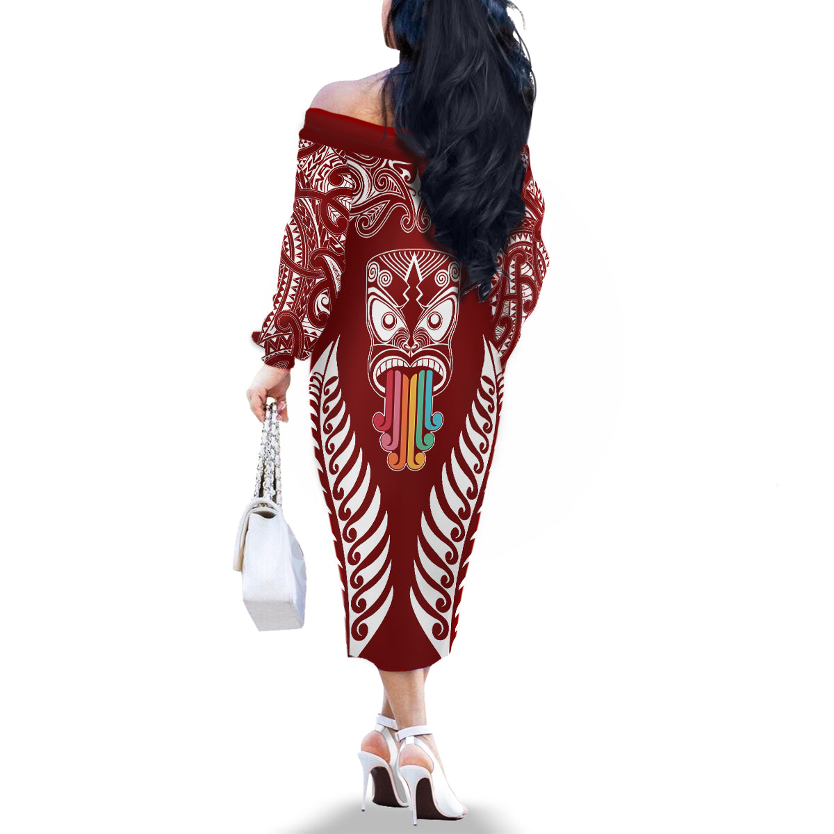Personalised Kia Kaha Te Reo Maori Family Matching Off Shoulder Long Sleeve Dress and Hawaiian Shirt Hei Tiki Mix Koru - Red LT7 - Polynesian Pride