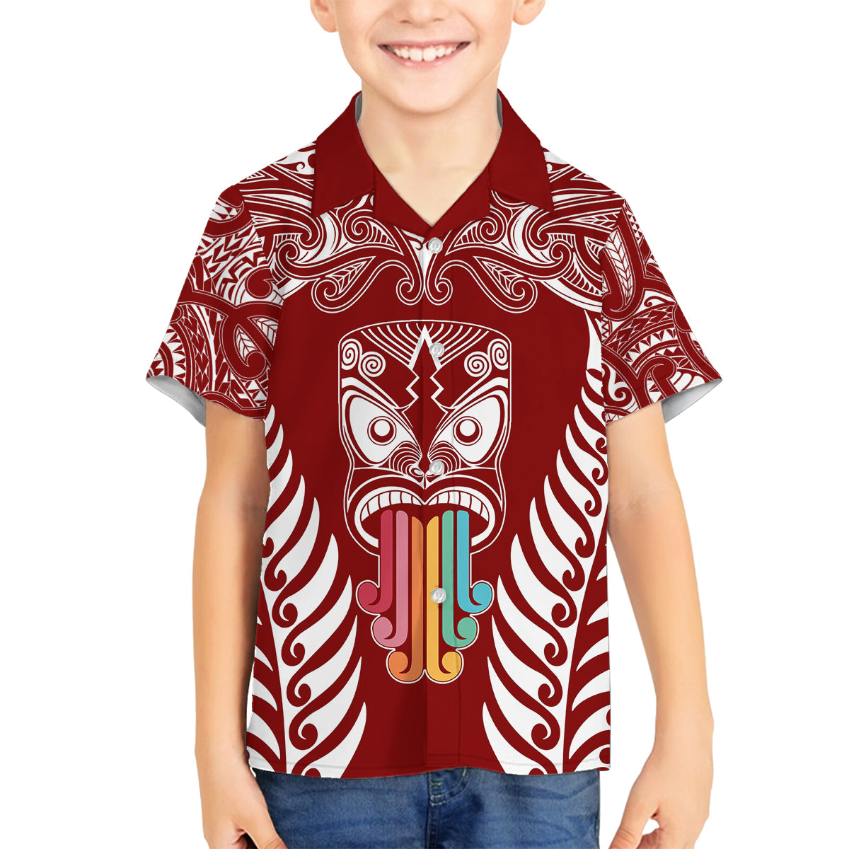 Personalised Kia Kaha Te Reo Maori Family Matching Off Shoulder Long Sleeve Dress and Hawaiian Shirt Hei Tiki Mix Koru - Red LT7 Son's Shirt Red - Polynesian Pride
