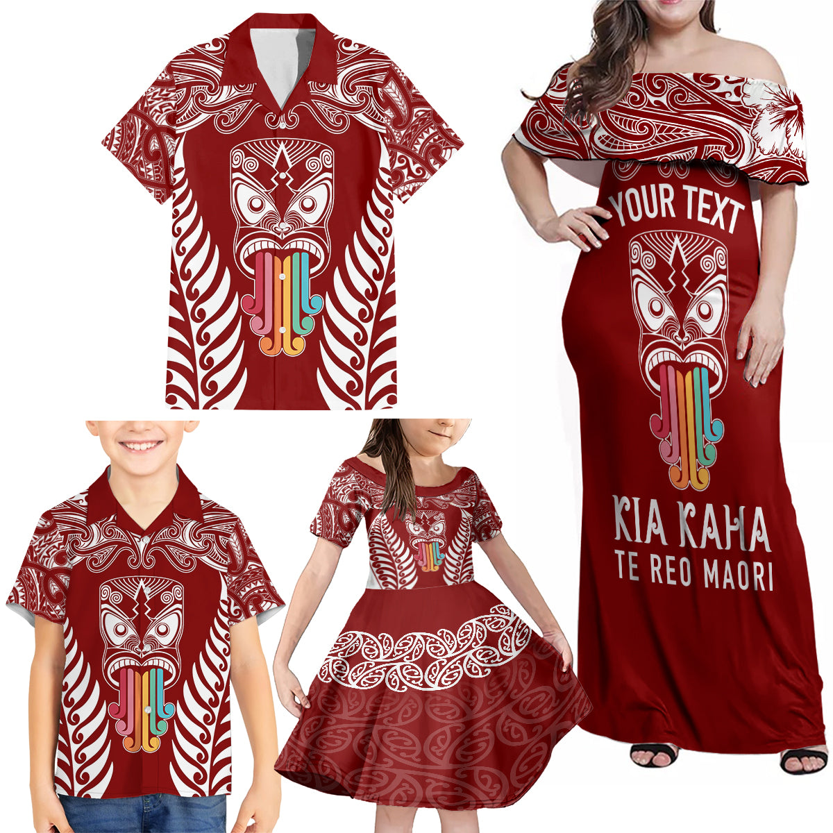 Personalised Kia Kaha Te Reo Maori Family Matching Off Shoulder Maxi Dress and Hawaiian Shirt Hei Tiki Mix Koru - Red LT7 - Polynesian Pride