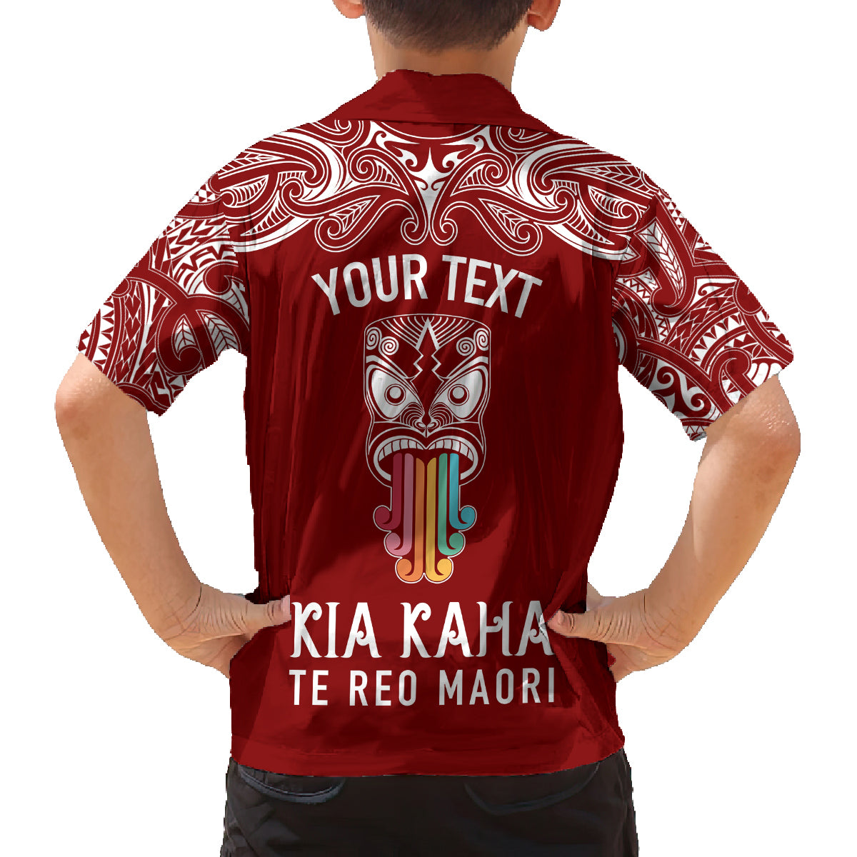 Personalised Kia Kaha Te Reo Maori Family Matching Off Shoulder Short Dress and Hawaiian Shirt Hei Tiki Mix Koru - Red LT7 - Polynesian Pride