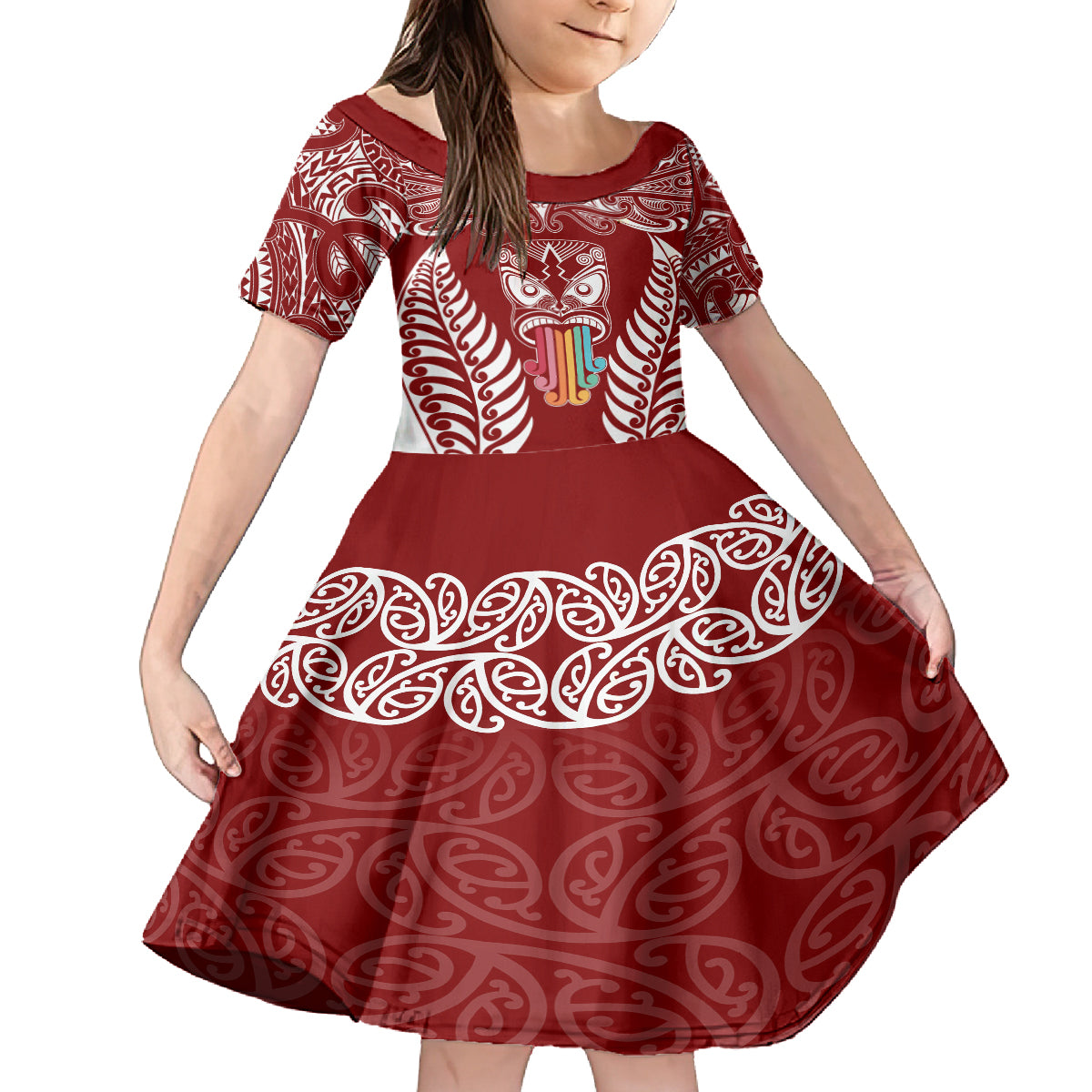 Personalised Kia Kaha Te Reo Maori Family Matching Off Shoulder Short Dress and Hawaiian Shirt Hei Tiki Mix Koru - Red LT7 Daughter's Dress Red - Polynesian Pride