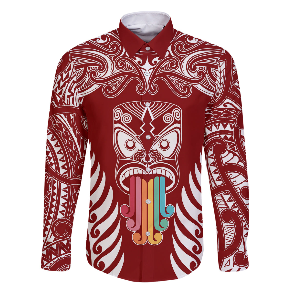 Personalised Kia Kaha Te Reo Maori Family Matching Off Shoulder Short Dress and Hawaiian Shirt Hei Tiki Mix Koru - Red LT7 Dad's Shirt - Long Sleeve Red - Polynesian Pride