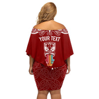 Personalised Kia Kaha Te Reo Maori Family Matching Off Shoulder Short Dress and Hawaiian Shirt Hei Tiki Mix Koru - Red LT7 - Polynesian Pride