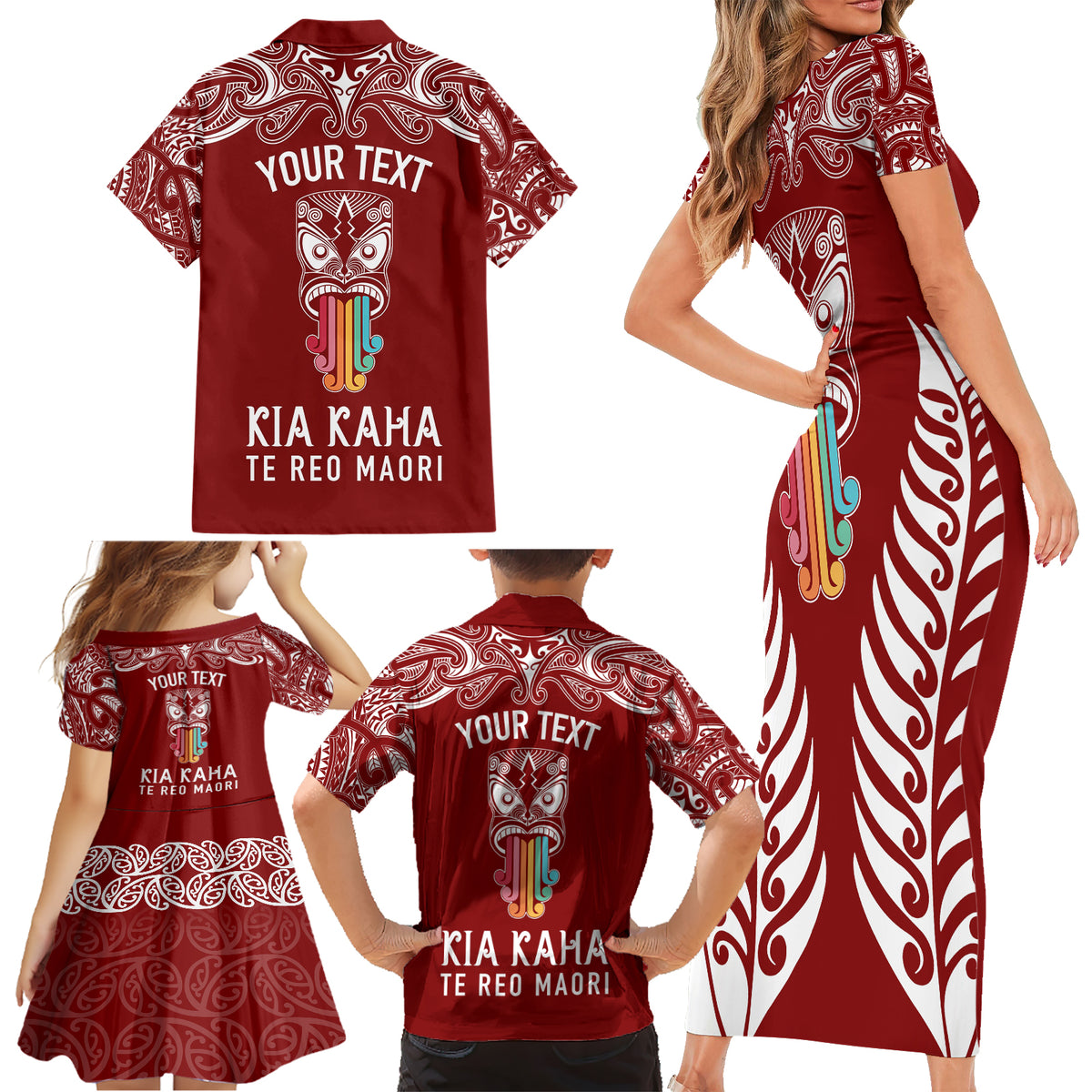 Personalised Kia Kaha Te Reo Maori Family Matching Short Sleeve Bodycon Dress and Hawaiian Shirt Hei Tiki Mix Koru - Red LT7 - Polynesian Pride