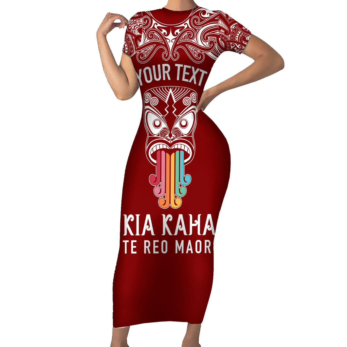 Personalised Kia Kaha Te Reo Maori Family Matching Short Sleeve Bodycon Dress and Hawaiian Shirt Hei Tiki Mix Koru - Red LT7 Mom's Dress Red - Polynesian Pride