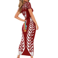 Personalised Kia Kaha Te Reo Maori Family Matching Short Sleeve Bodycon Dress and Hawaiian Shirt Hei Tiki Mix Koru - Red LT7 - Polynesian Pride