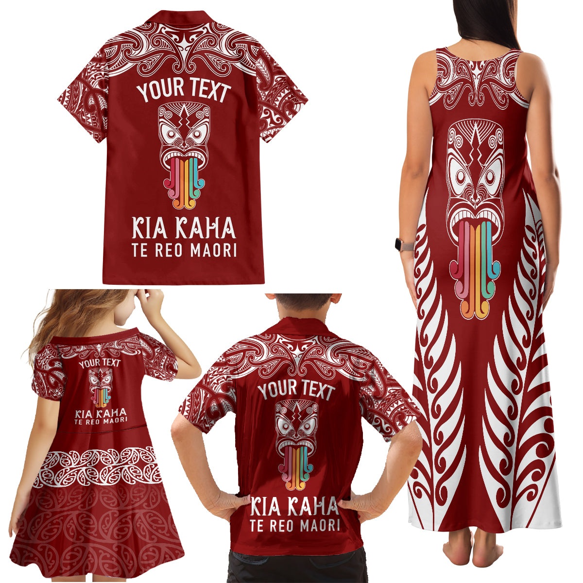 Personalised Kia Kaha Te Reo Maori Family Matching Tank Maxi Dress and Hawaiian Shirt Hei Tiki Mix Koru - Red LT7 - Polynesian Pride