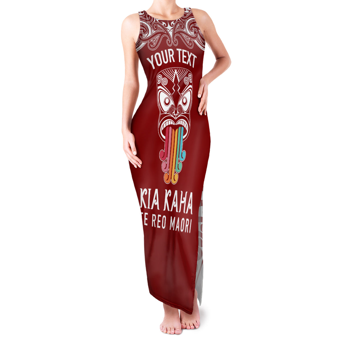 Personalised Kia Kaha Te Reo Maori Family Matching Tank Maxi Dress and Hawaiian Shirt Hei Tiki Mix Koru - Red LT7 Mom's Dress Red - Polynesian Pride