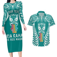 Personalised Kia Kaha Te Reo Maori Couples Matching Long Sleeve Bodycon Dress and Hawaiian Shirt Hei Tiki Mix Koru - Teal LT7 Teal - Polynesian Pride