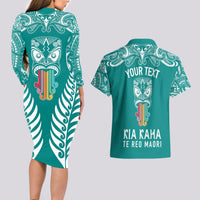 Personalised Kia Kaha Te Reo Maori Couples Matching Long Sleeve Bodycon Dress and Hawaiian Shirt Hei Tiki Mix Koru - Teal LT7 - Polynesian Pride