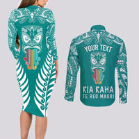 Personalised Kia Kaha Te Reo Maori Couples Matching Long Sleeve Bodycon Dress and Long Sleeve Button Shirts Hei Tiki Mix Koru - Teal LT7 - Polynesian Pride