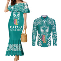 personalised-kia-kaha-te-reo-maori-couples-matching-mermaid-dress-and-long-sleeve-button-shirts-hei-tiki-mix-koru-teal