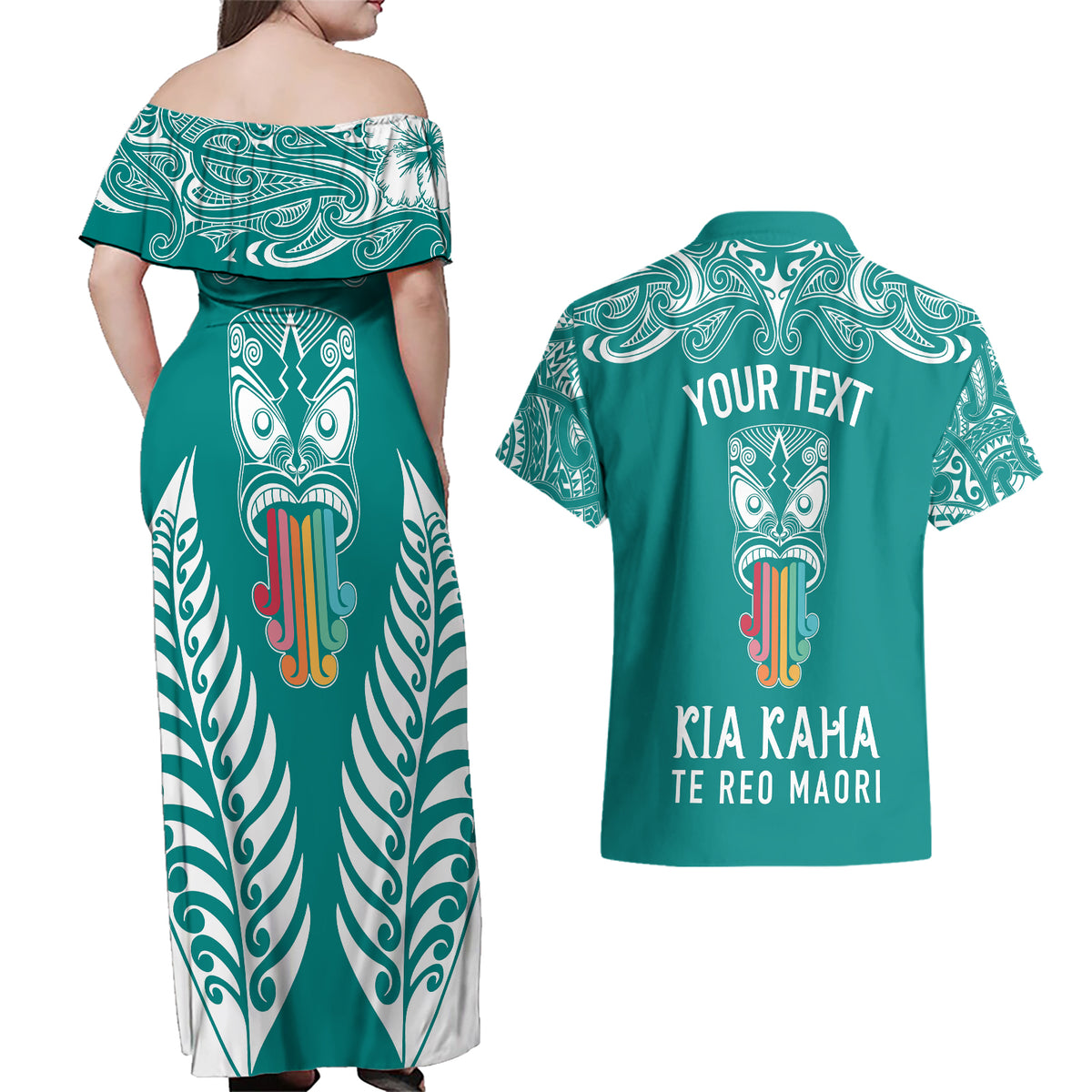 Personalised Kia Kaha Te Reo Maori Couples Matching Off Shoulder Maxi Dress and Hawaiian Shirt Hei Tiki Mix Koru - Teal LT7 - Polynesian Pride