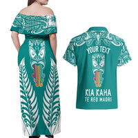 Personalised Kia Kaha Te Reo Maori Couples Matching Off Shoulder Maxi Dress and Hawaiian Shirt Hei Tiki Mix Koru - Teal LT7 - Polynesian Pride