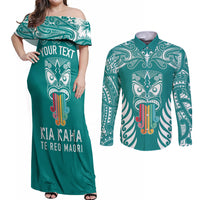 personalised-kia-kaha-te-reo-maori-couples-matching-off-shoulder-maxi-dress-and-long-sleeve-button-shirts-hei-tiki-mix-koru-teal