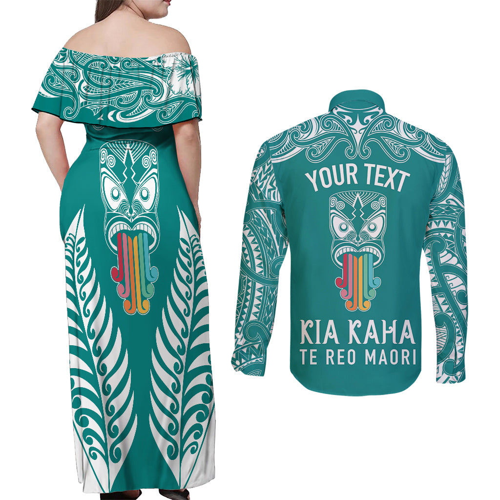 personalised-kia-kaha-te-reo-maori-couples-matching-off-shoulder-maxi-dress-and-long-sleeve-button-shirts-hei-tiki-mix-koru-teal