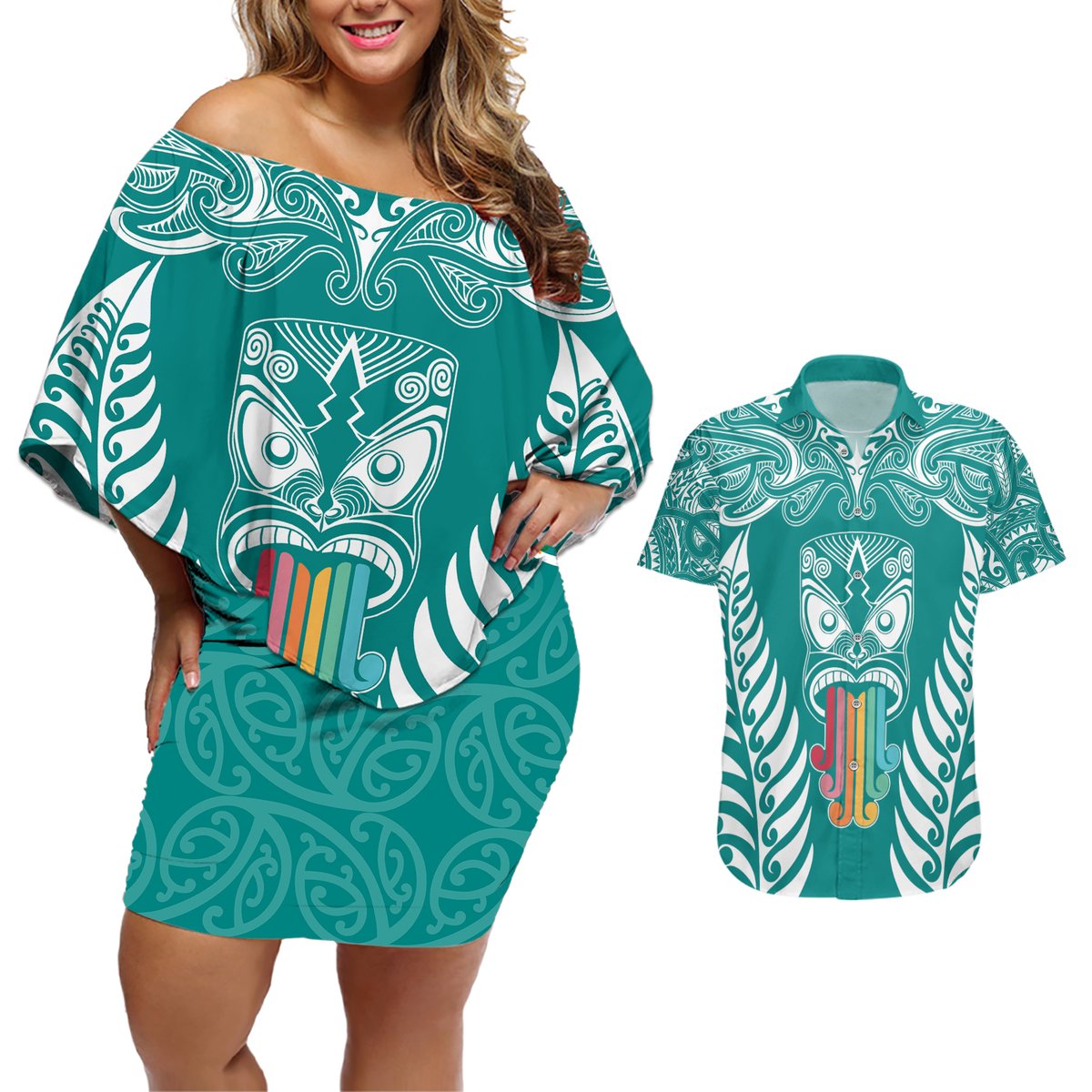 Personalised Kia Kaha Te Reo Maori Couples Matching Off Shoulder Short Dress and Hawaiian Shirt Hei Tiki Mix Koru - Teal LT7 Teal - Polynesian Pride