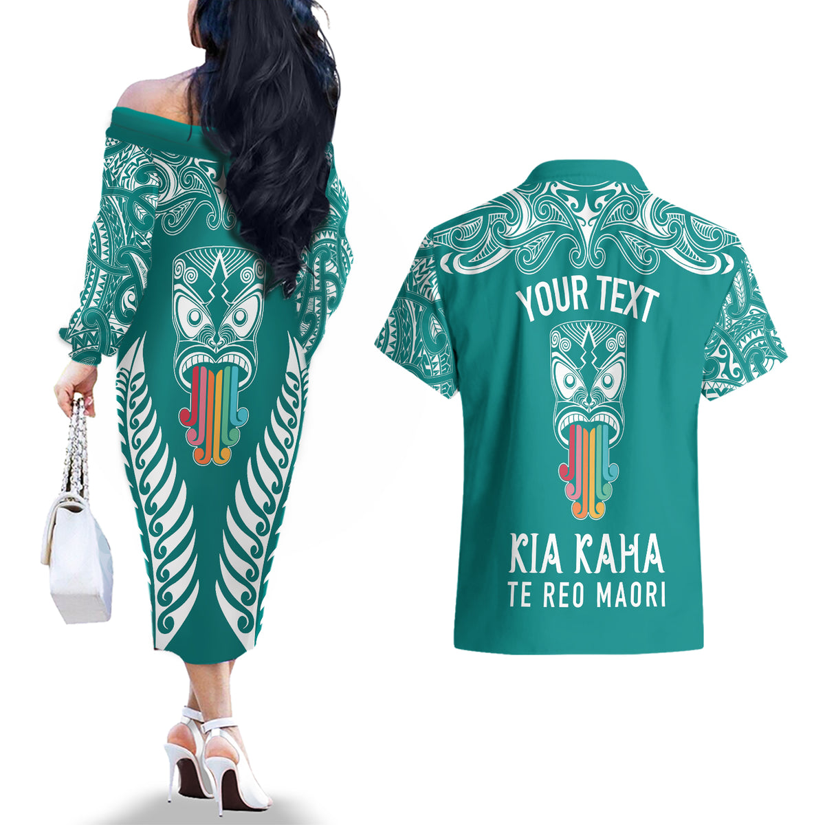 Personalised Kia Kaha Te Reo Maori Couples Matching Off The Shoulder Long Sleeve Dress and Hawaiian Shirt Hei Tiki Mix Koru - Teal LT7 - Polynesian Pride