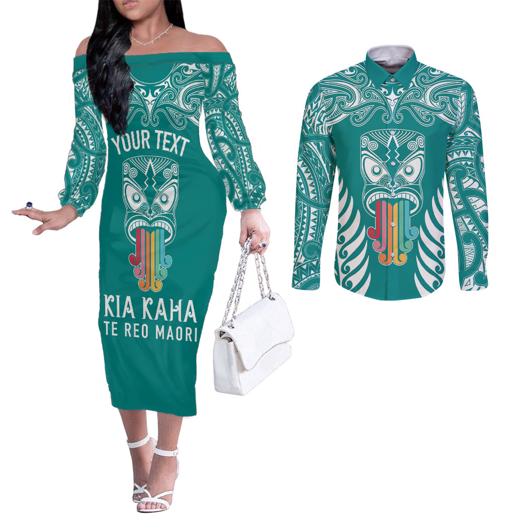 personalised-kia-kaha-te-reo-maori-couples-matching-off-the-shoulder-long-sleeve-dress-and-long-sleeve-button-shirts-hei-tiki-mix-koru-teal