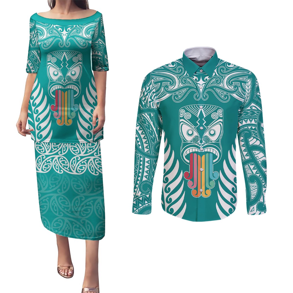personalised-kia-kaha-te-reo-maori-couples-matching-puletasi-dress-and-long-sleeve-button-shirts-hei-tiki-mix-koru-teal