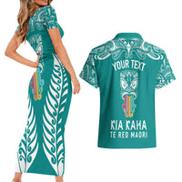 Personalised Kia Kaha Te Reo Maori Couples Matching Short Sleeve Bodycon Dress and Hawaiian Shirt Hei Tiki Mix Koru - Teal LT7 - Polynesian Pride