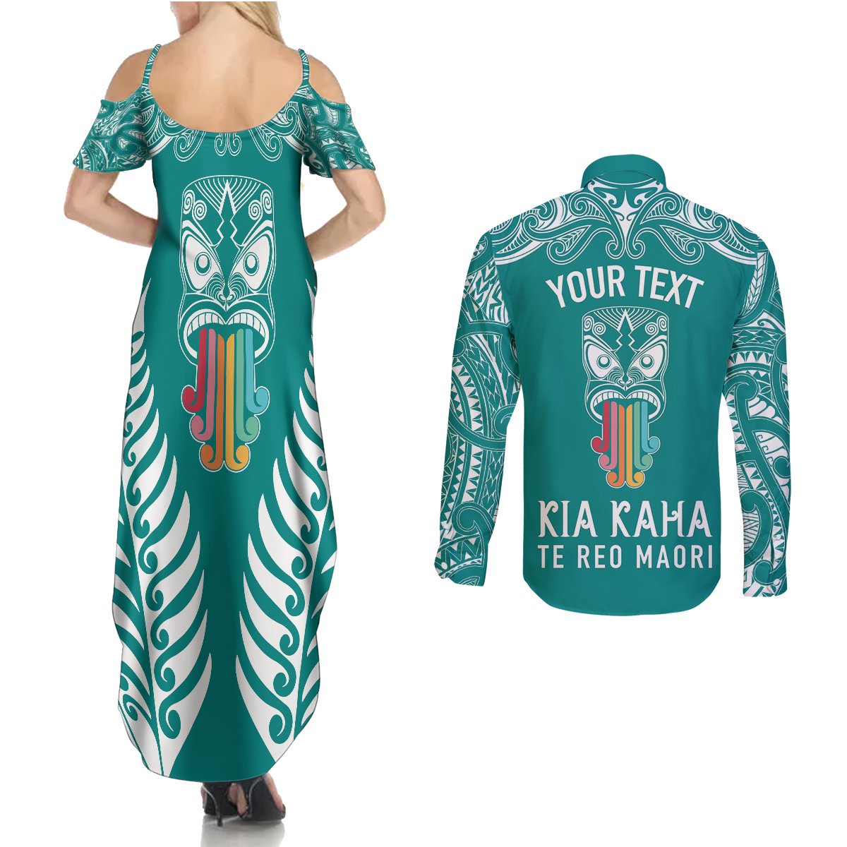 personalised-kia-kaha-te-reo-maori-couples-matching-summer-maxi-dress-and-long-sleeve-button-shirts-hei-tiki-mix-koru-teal