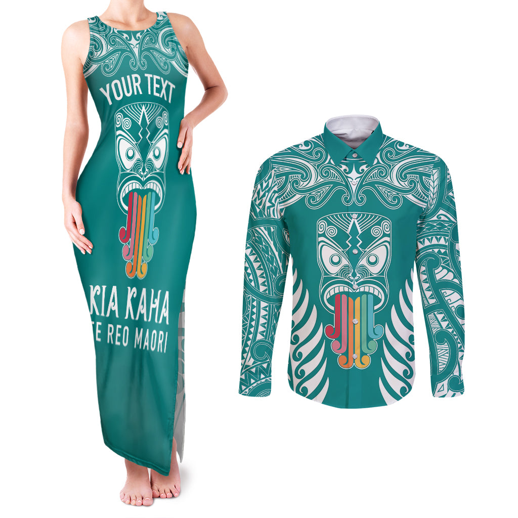 personalised-kia-kaha-te-reo-maori-couples-matching-tank-maxi-dress-and-long-sleeve-button-shirts-hei-tiki-mix-koru-teal