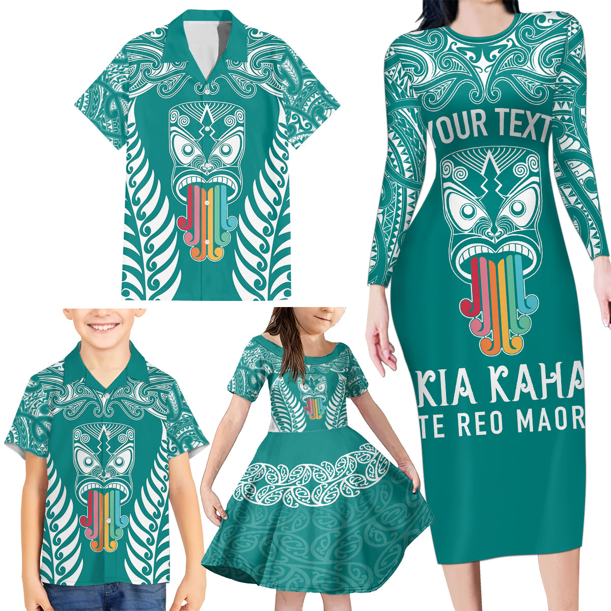 Personalised Kia Kaha Te Reo Maori Family Matching Long Sleeve Bodycon Dress and Hawaiian Shirt Hei Tiki Mix Koru - Teal LT7 - Polynesian Pride