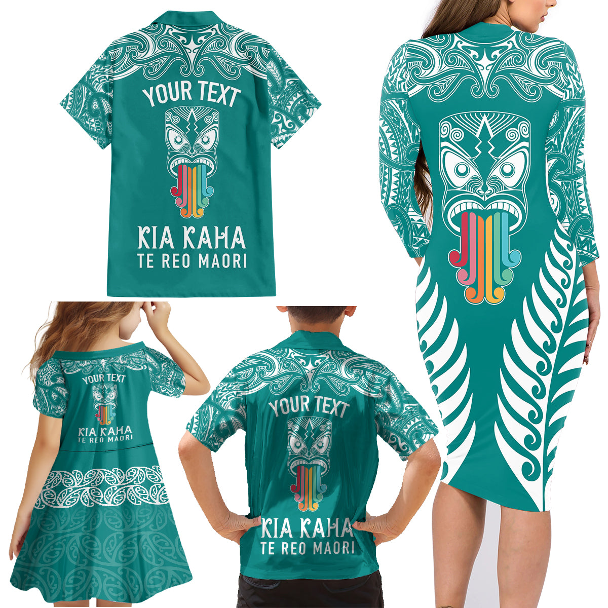 Personalised Kia Kaha Te Reo Maori Family Matching Long Sleeve Bodycon Dress and Hawaiian Shirt Hei Tiki Mix Koru - Teal LT7 - Polynesian Pride