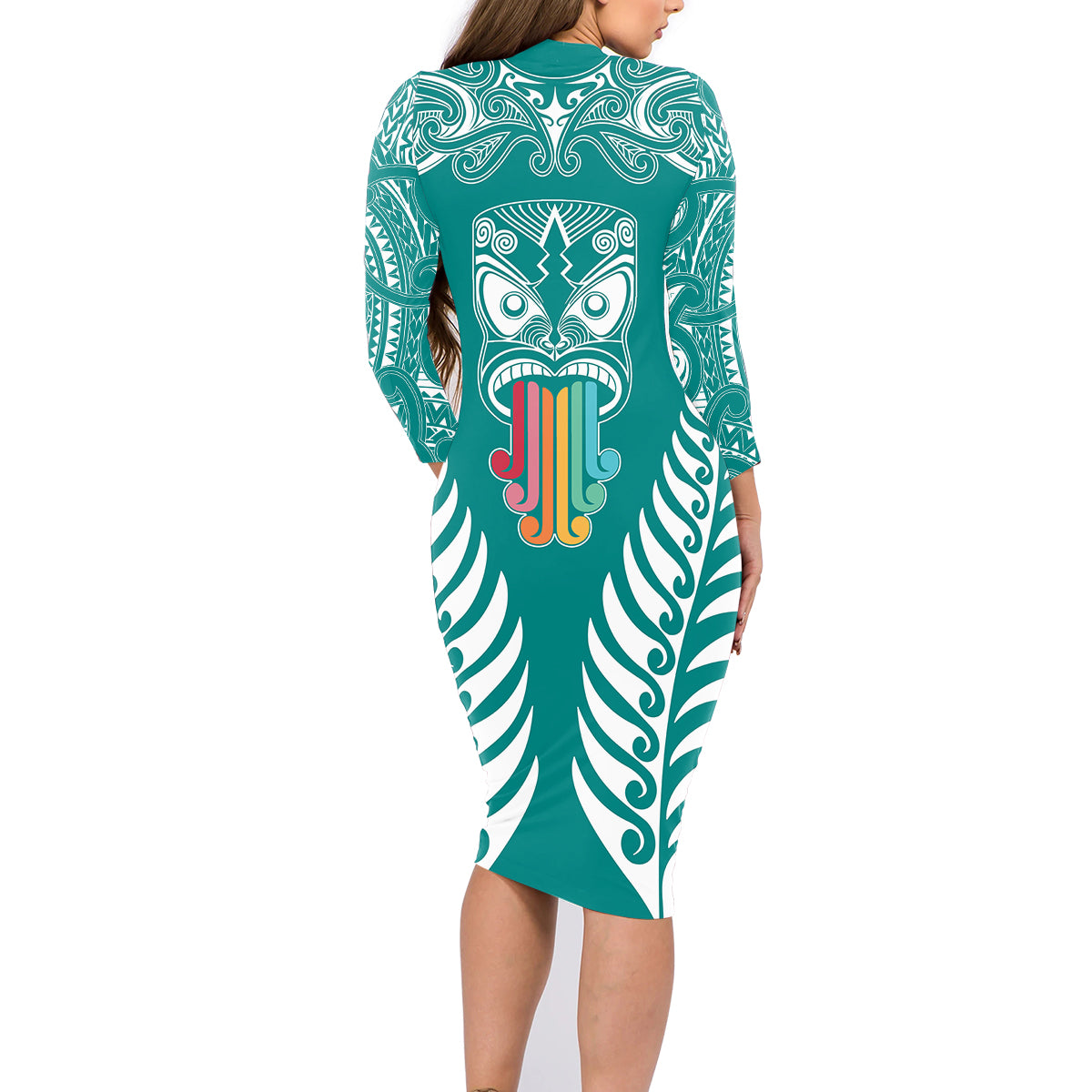 Personalised Kia Kaha Te Reo Maori Family Matching Long Sleeve Bodycon Dress and Hawaiian Shirt Hei Tiki Mix Koru - Teal LT7 - Polynesian Pride