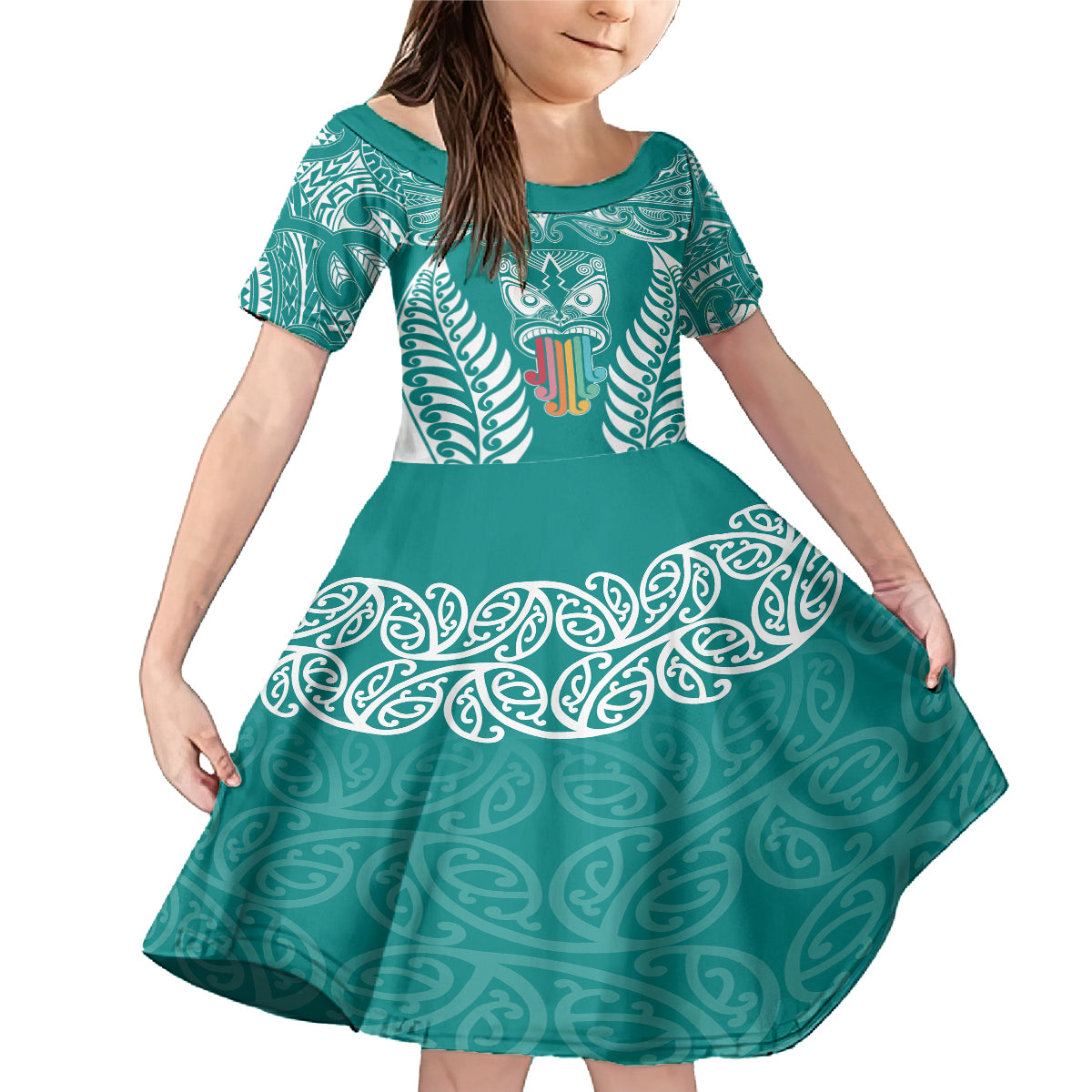 Personalised Kia Kaha Te Reo Maori Family Matching Mermaid Dress and Hawaiian Shirt Hei Tiki Mix Koru - Teal LT7 Daughter's Dress Teal - Polynesian Pride