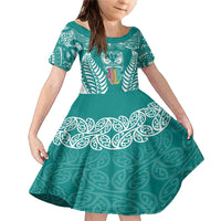 Personalised Kia Kaha Te Reo Maori Family Matching Mermaid Dress and Hawaiian Shirt Hei Tiki Mix Koru - Teal LT7 Daughter's Dress Teal - Polynesian Pride