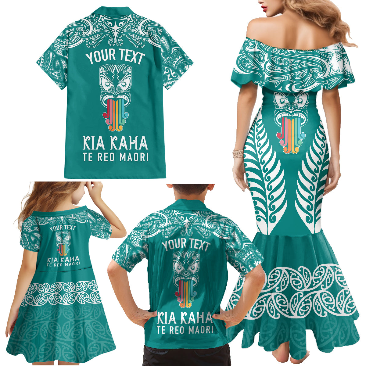 Personalised Kia Kaha Te Reo Maori Family Matching Mermaid Dress and Hawaiian Shirt Hei Tiki Mix Koru - Teal LT7 - Polynesian Pride