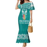 Personalised Kia Kaha Te Reo Maori Family Matching Mermaid Dress and Hawaiian Shirt Hei Tiki Mix Koru - Teal LT7 Mom's Dress Teal - Polynesian Pride