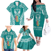 Personalised Kia Kaha Te Reo Maori Family Matching Off Shoulder Long Sleeve Dress and Hawaiian Shirt Hei Tiki Mix Koru - Teal LT7 - Polynesian Pride