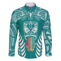 Personalised Kia Kaha Te Reo Maori Family Matching Off Shoulder Long Sleeve Dress and Hawaiian Shirt Hei Tiki Mix Koru - Teal LT7 Dad's Shirt - Long Sleeve Teal - Polynesian Pride