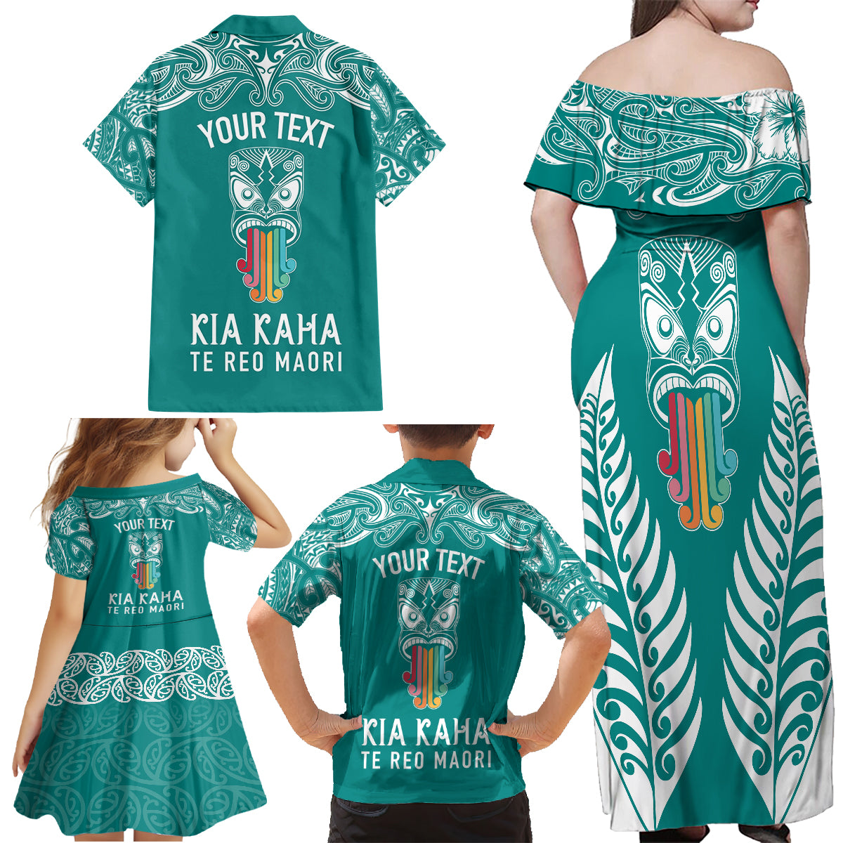Personalised Kia Kaha Te Reo Maori Family Matching Off Shoulder Maxi Dress and Hawaiian Shirt Hei Tiki Mix Koru - Teal LT7 - Polynesian Pride
