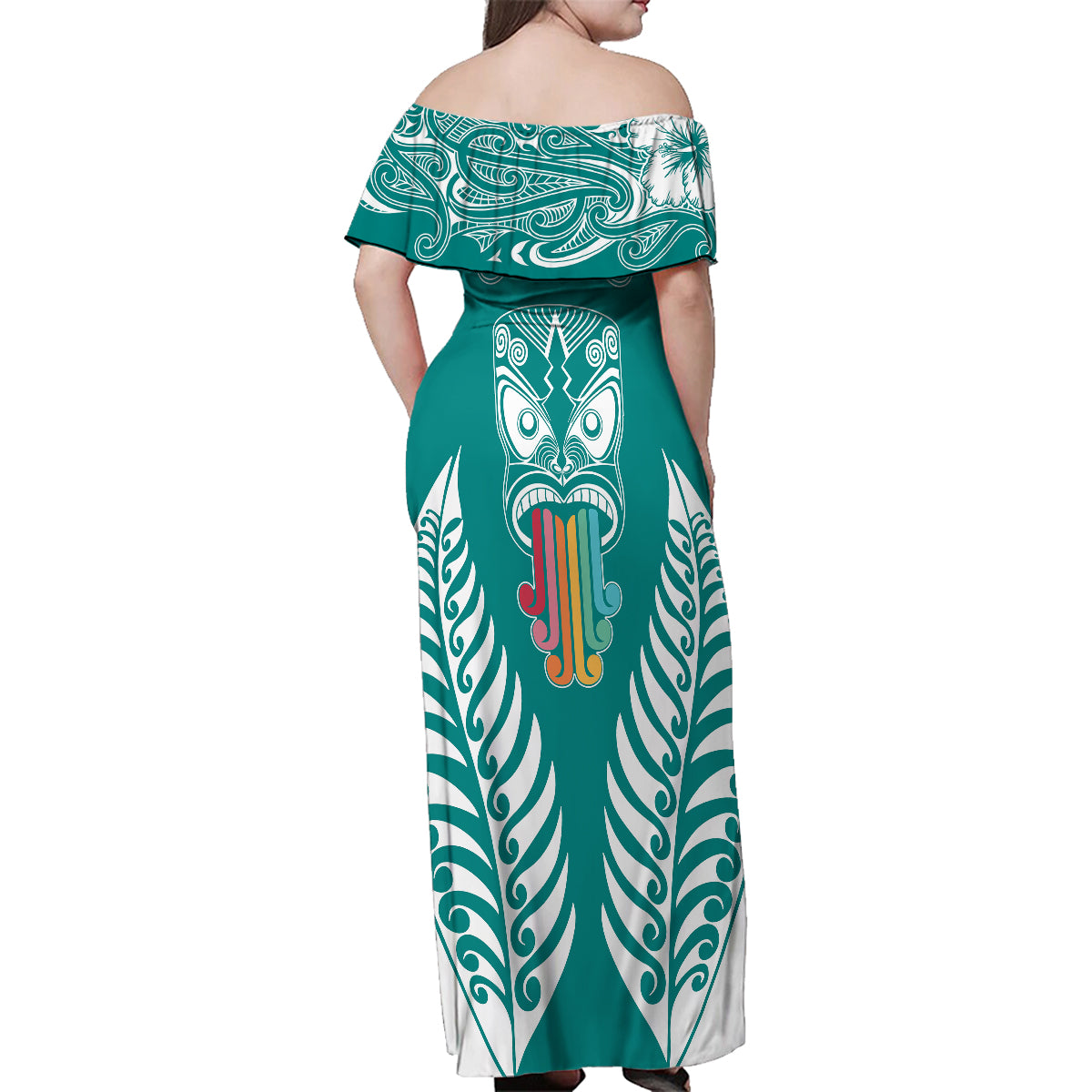 Personalised Kia Kaha Te Reo Maori Family Matching Off Shoulder Maxi Dress and Hawaiian Shirt Hei Tiki Mix Koru - Teal LT7 - Polynesian Pride