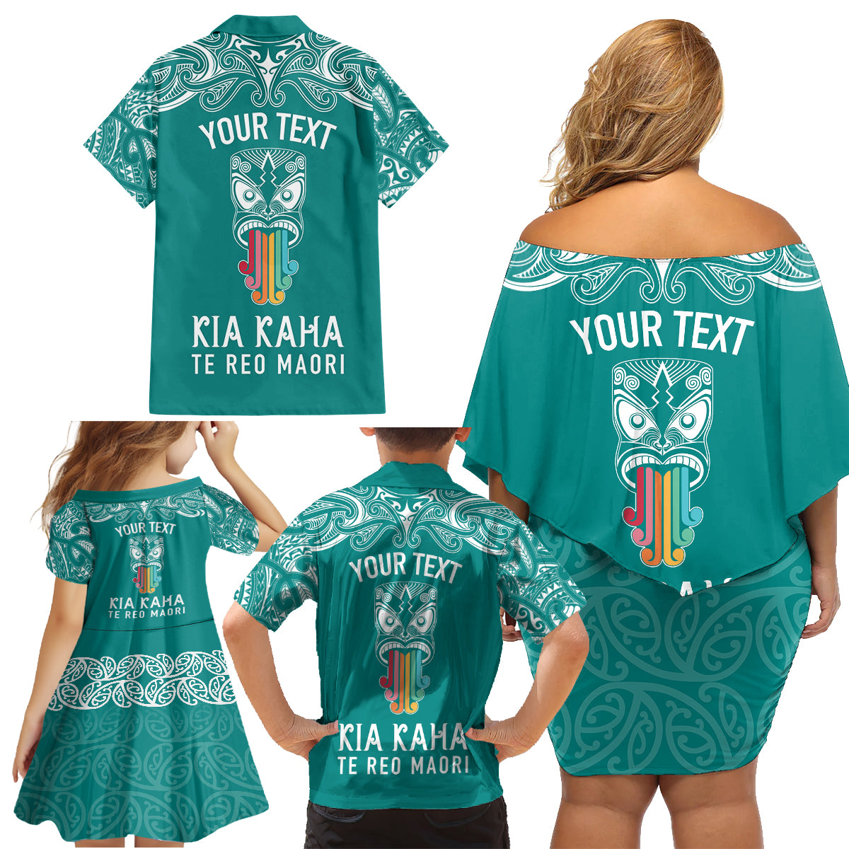 Personalised Kia Kaha Te Reo Maori Family Matching Off Shoulder Short Dress and Hawaiian Shirt Hei Tiki Mix Koru - Teal LT7 - Polynesian Pride
