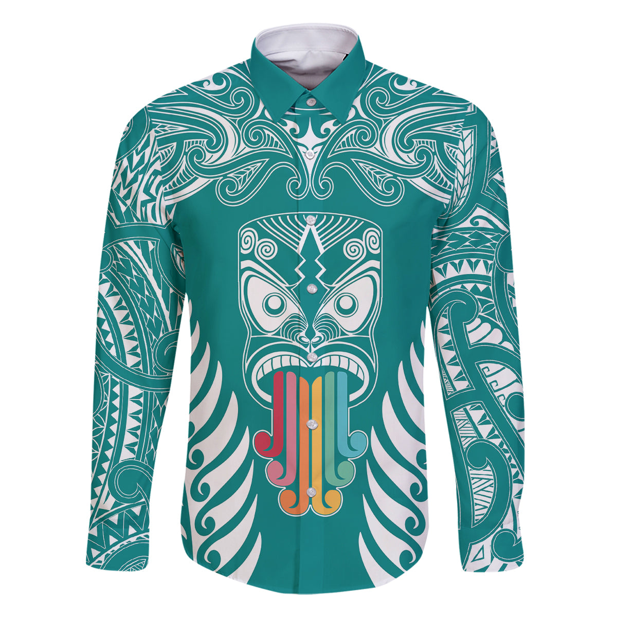 Personalised Kia Kaha Te Reo Maori Family Matching Off Shoulder Short Dress and Hawaiian Shirt Hei Tiki Mix Koru - Teal LT7 Dad's Shirt - Long Sleeve Teal - Polynesian Pride