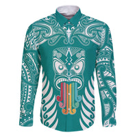 Personalised Kia Kaha Te Reo Maori Family Matching Puletasi Dress and Hawaiian Shirt Hei Tiki Mix Koru - Teal LT7 Dad's Shirt - Long Sleeve Teal - Polynesian Pride