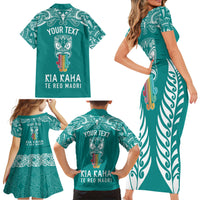 Personalised Kia Kaha Te Reo Maori Family Matching Short Sleeve Bodycon Dress and Hawaiian Shirt Hei Tiki Mix Koru - Teal LT7 - Polynesian Pride