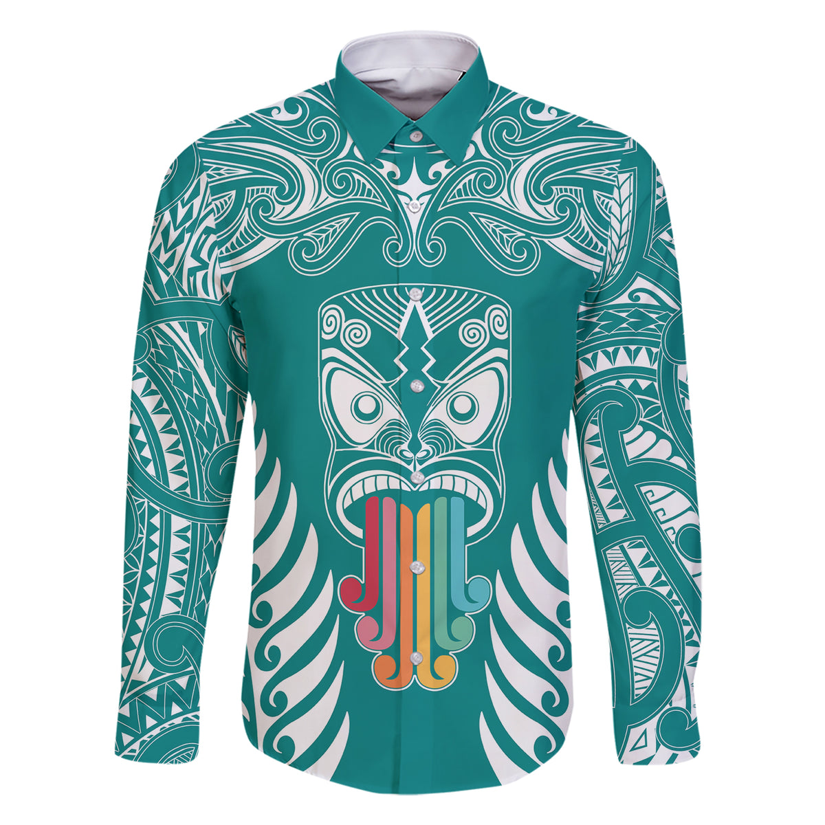 Personalised Kia Kaha Te Reo Maori Family Matching Short Sleeve Bodycon Dress and Hawaiian Shirt Hei Tiki Mix Koru - Teal LT7 Dad's Shirt - Long Sleeve Teal - Polynesian Pride